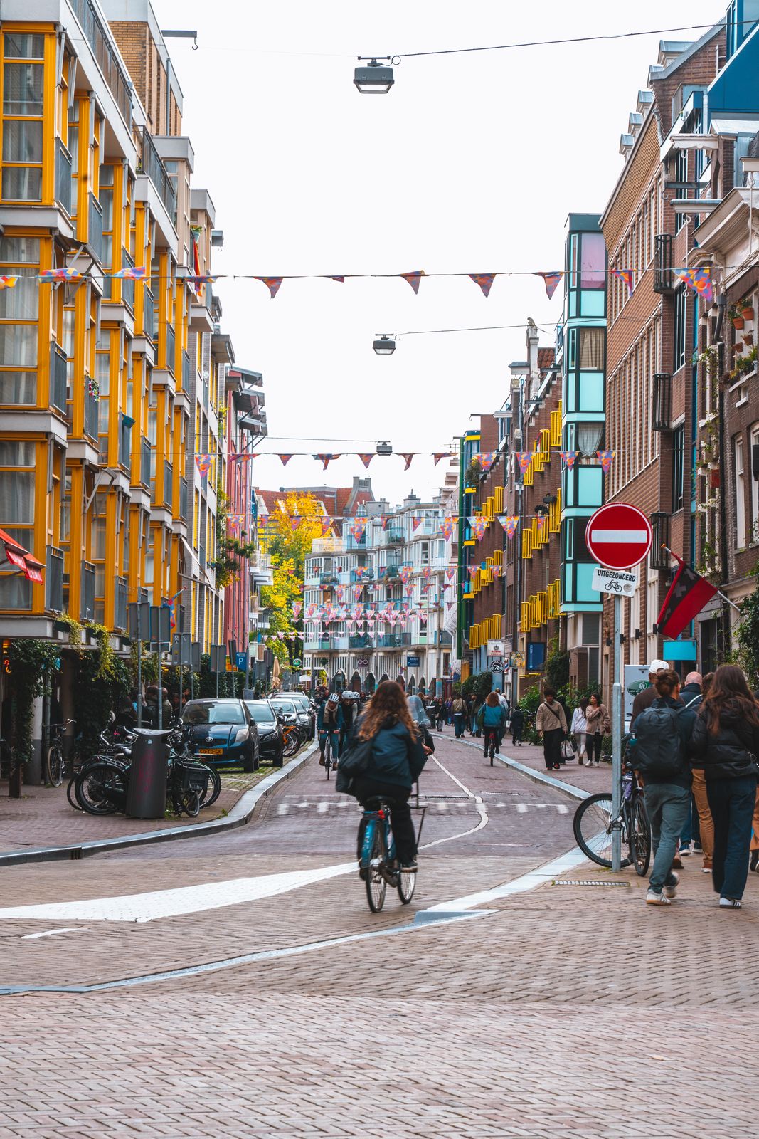 City photo — cyclists and pedestrians on a bunting-lined street