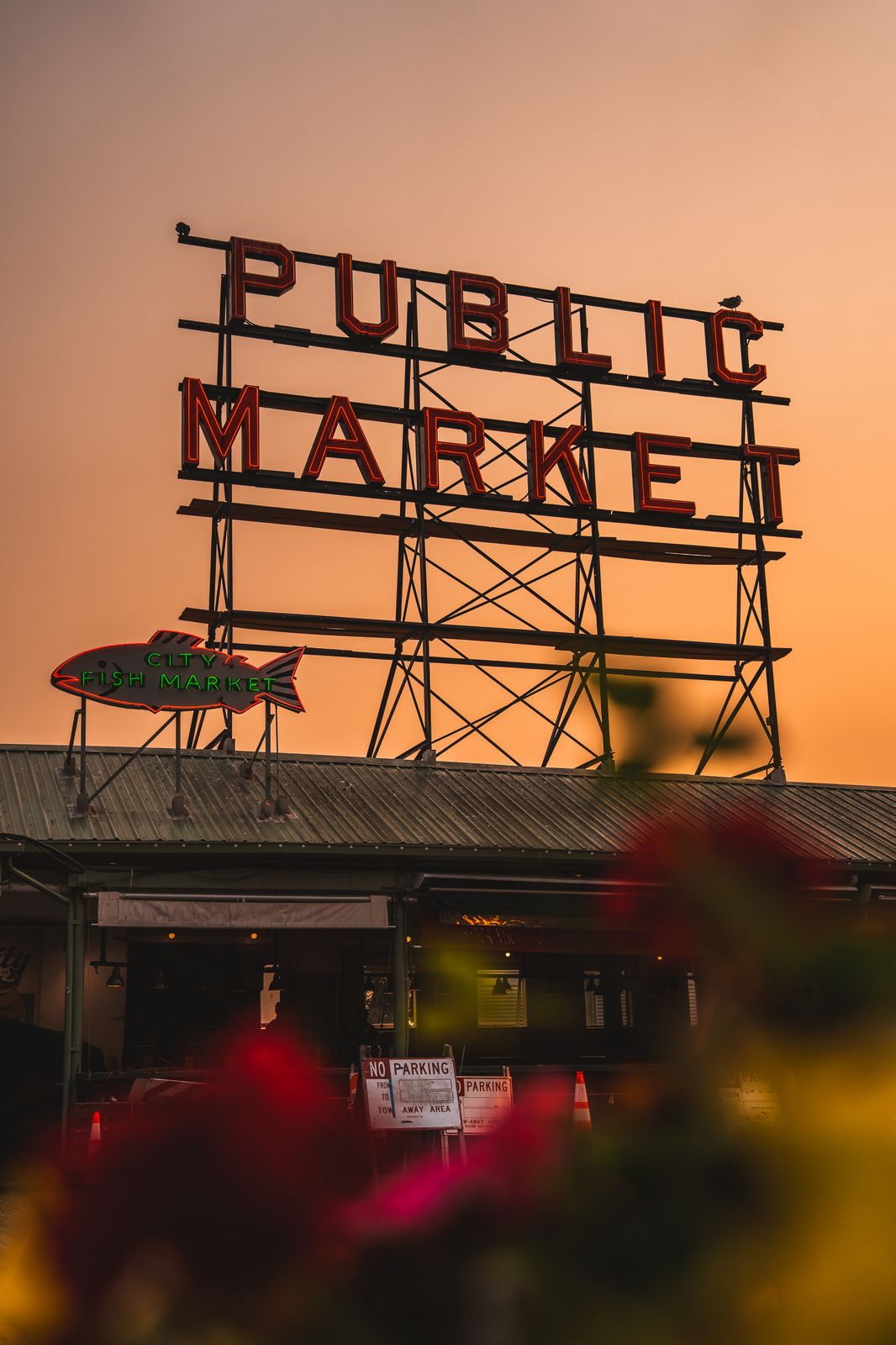 City photo — Public Market sign glowing at sunset